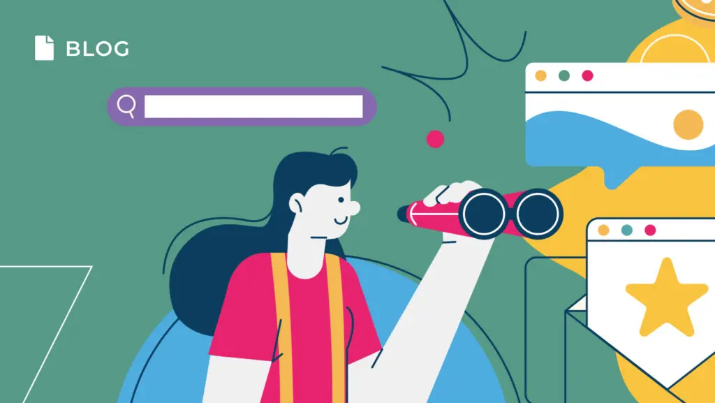 Illustration of a person with long hair holding binoculars, looking at stylized web browser windows, embodying a visionary approach to Customer Success. A search bar is in the top left, and abstract shapes surround them. The green background features a blog label.