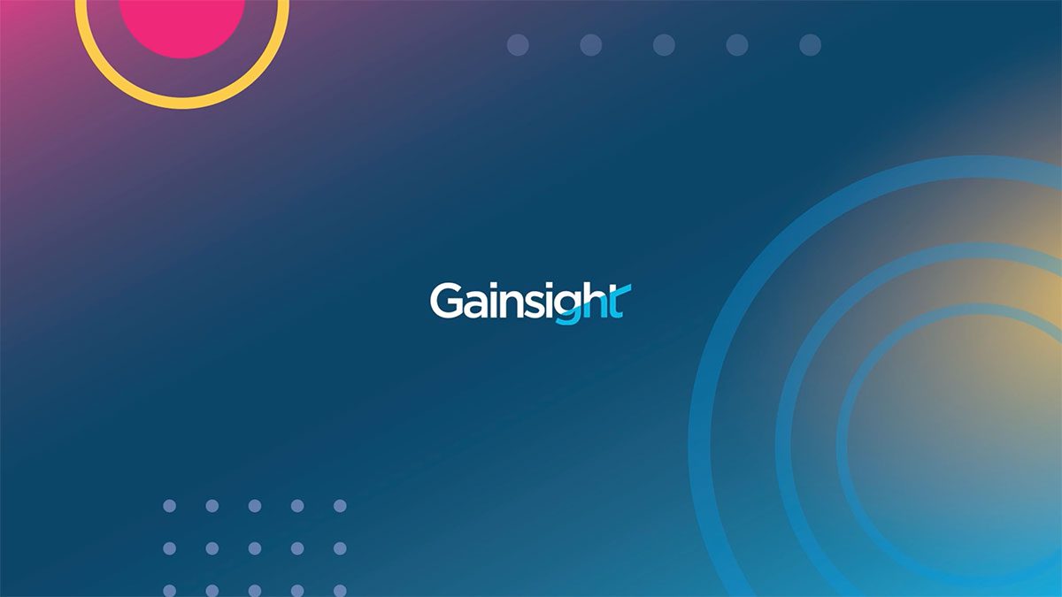 Abstract background with a blue gradient and dotted patterns, featuring circular designs in the corners. The word "Gainsight" is centered in white text, subtly hinting at cutting-edge AI-driven business software solutions for customer success.