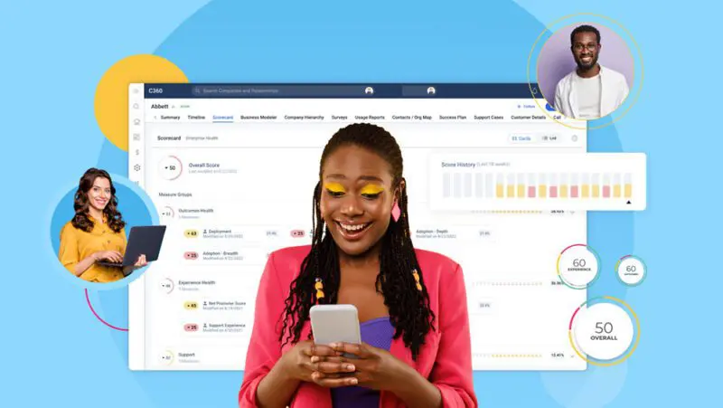 A woman smiles at her phone as a benchmarking tool dashboard displays charts and scores against a blue backdrop. Two others appear in circular frames—one top right, the other left. The analytics reveal crucial insights and the latest CS Index trends.