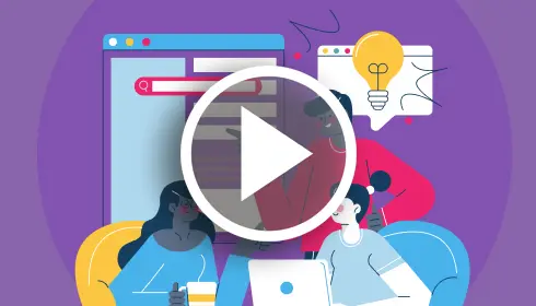 Illustration of three people interacting with a large browser window and a lightbulb icon, symbolizing ideas. One person holds a cup, another types on a laptop. A play button overlays the image, suggesting video content on customer success certification. The background is purple.