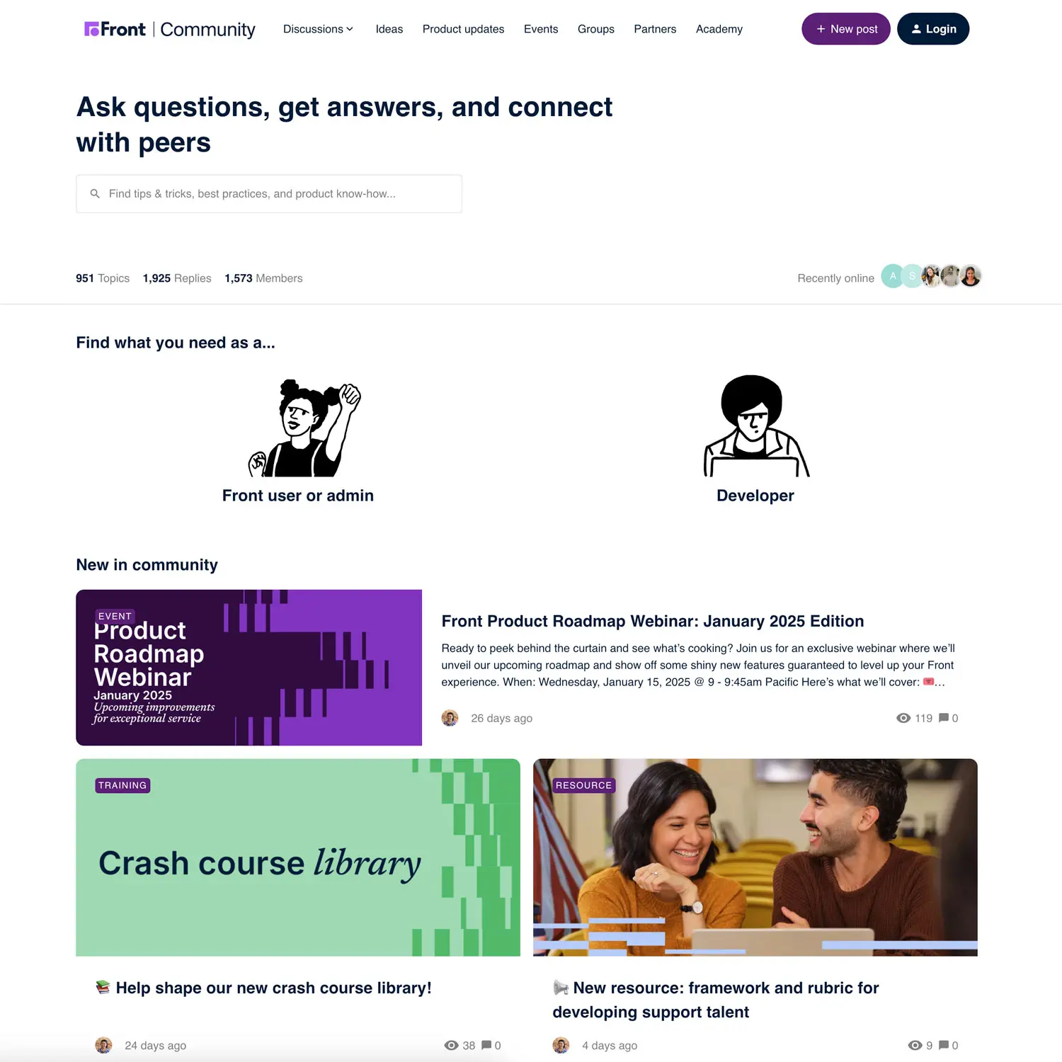Screenshot of the Front Community webpage showcasing user roles like 
