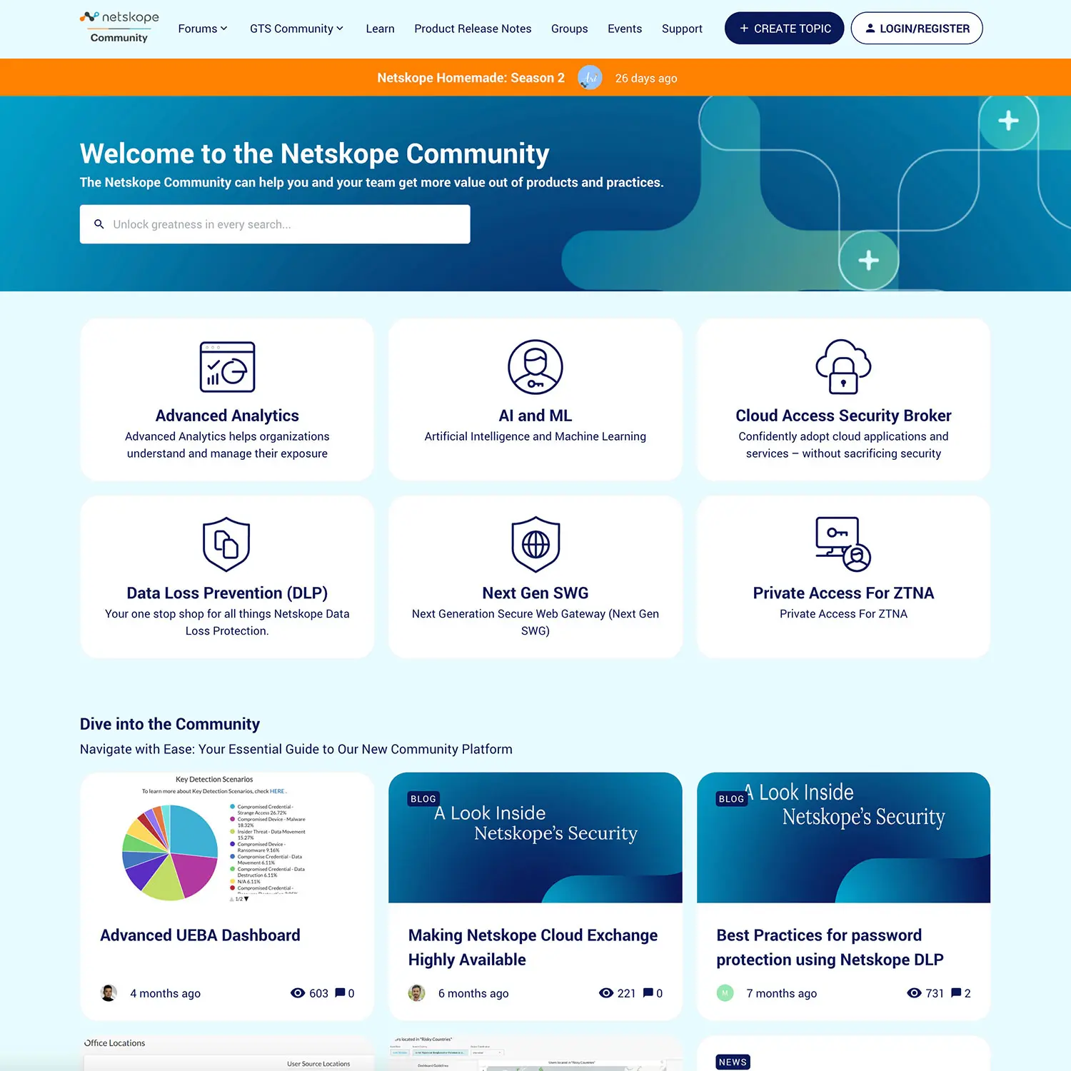 Screenshot of the Netskope Community webpage showcasing sections on Advanced Analytics, AI and ML, and Data Loss Prevention. The top navigation bar includes options like Dashboard and Academy. Three community posts, featuring customer experiences, are highlighted with titles and brief descriptions.