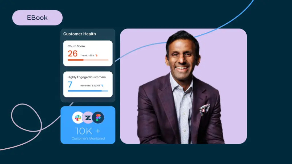 Smiling man in a purple suit with a chart on preventing churn shows customer health metrics: a churn score of 26 with decreasing trend and 7 highly engaged customers boosting revenue. Below, icons highlight 