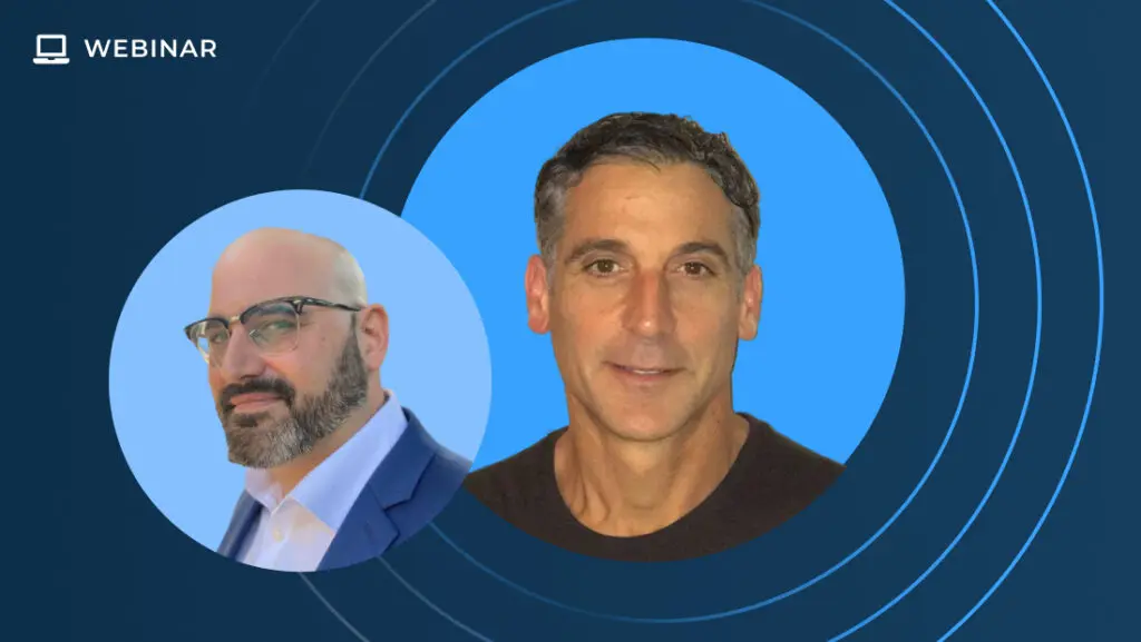 A webinar promotional image featuring two men discussing the future. The man on the left has a shaved head, beard, glasses, and wears a suit. The man on the right has short dark hair and wears a dark shirt. They stand against a blue background with circular patterns reminiscent of AI innovations.