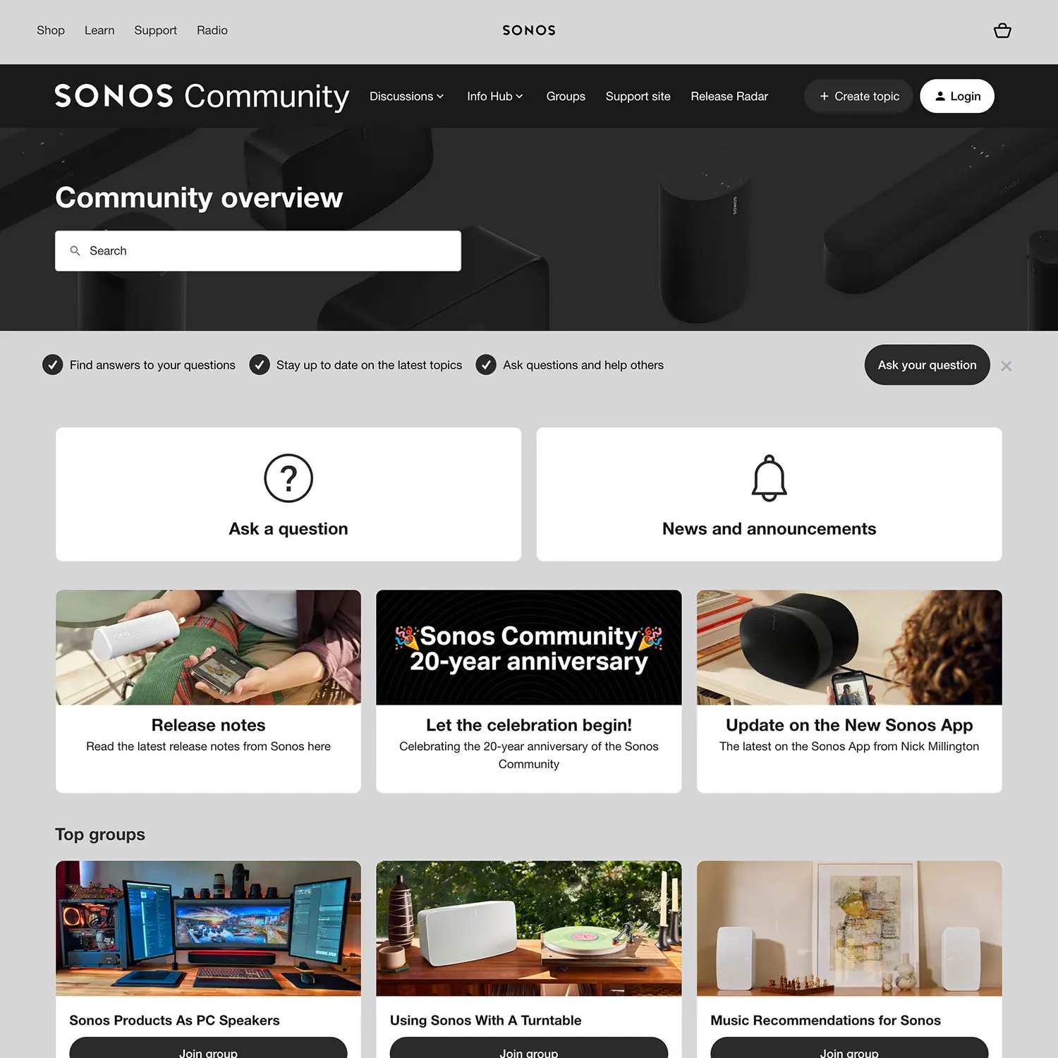 Screenshot of the Sonos Community webpage showcasing topics like 