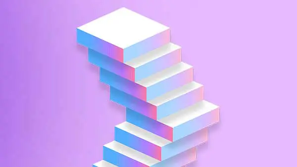 This image shows a twisted staircase illustration with bright blue and pink gradients set against a purple background.