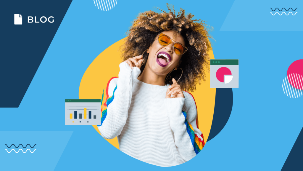 A person with curly hair, wearing sunglasses and a white sweater with colorful stripes, smiles with hands raised mid-dance. It's like Love at First Renewal against the blue backdrop, where abstract shapes combine perfectly with small icons of graphs and charts.