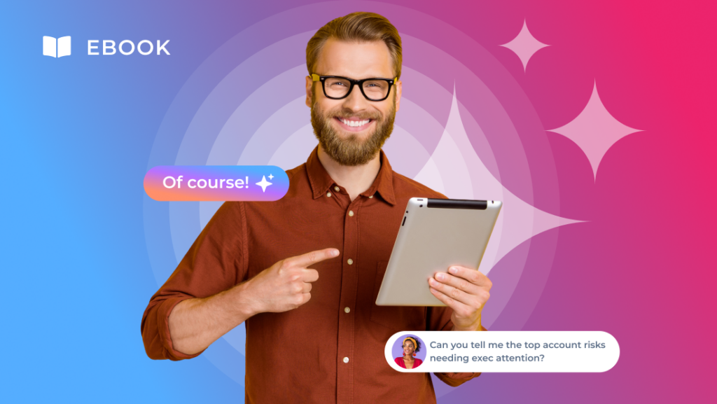 A man with glasses and a beard smiles while holding a tablet, pointing at it. The colorful gradient background frames a speech bubble that says, 