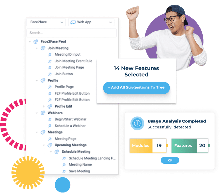 A celebratory person in a cap appears beside a software interface, part of a robust product analytics tool, displaying "14 New Features Selected" and "Usage Analysis Completed." Colorful shapes adorn the background as module and feature counts are prominently noted.