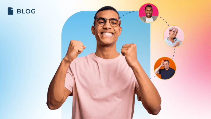 A joyful person wearing glasses and a pink shirt stands triumphantly with clenched fists. Three circular images of people expressing different emotions are connected in the background against a colorful gradient, symbolizing a vibrant CRM strategy. The word 