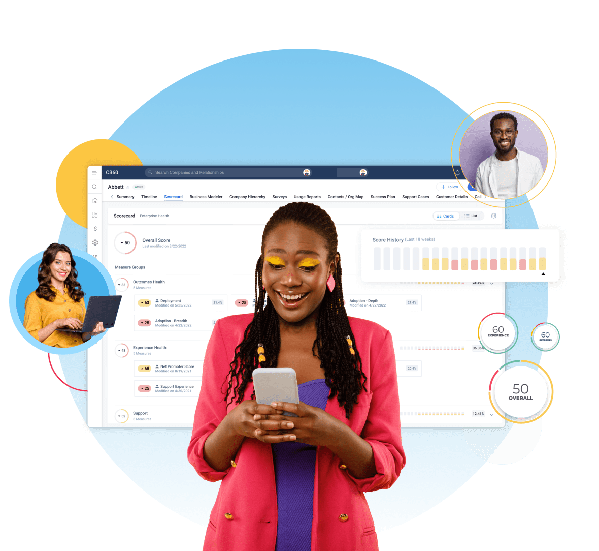 A woman in a pink blazer smiles at her phone, immersed in digital dashboards showcasing graphs and data from the CS Index. Insets reveal a woman with a laptop and a man smiling, all connected by circular design elements representing the new benchmarking tool.