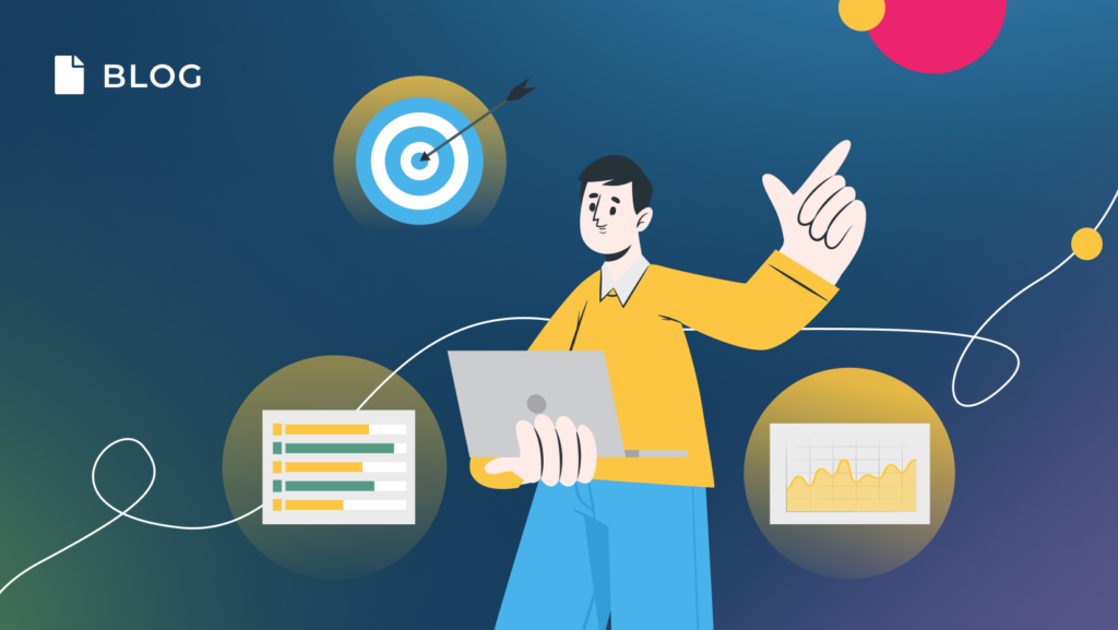 Illustration of a person holding a laptop, surrounded by graphics: a target with an arrow, a checklist, and a bar chart. The background features abstract shapes and colorful lines, reflecting 2025 trends in digital self-service. The word 