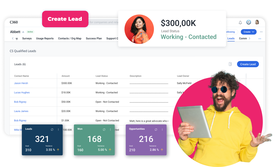 A man in a yellow hoodie excitedly holds a tablet displaying a CRM dashboard titled "C360," highlighting revenue optimization with a $300K deal status. Colorful info cards illustrate leads, won deals, and opportunities statistics, offering insights for strategic growth.