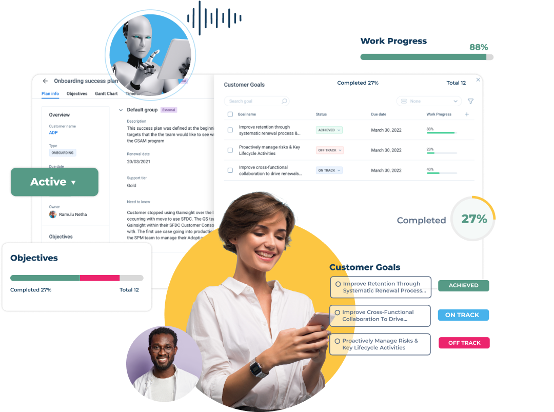 A woman smiles at her phone with a digital dashboard in the background, showcasing task lists and progress charts. A robot figure and a man symbolize technology and teamwork, driving SEO for better revenue optimization. Progress indicators are labeled "Active" and "Completed 27%.