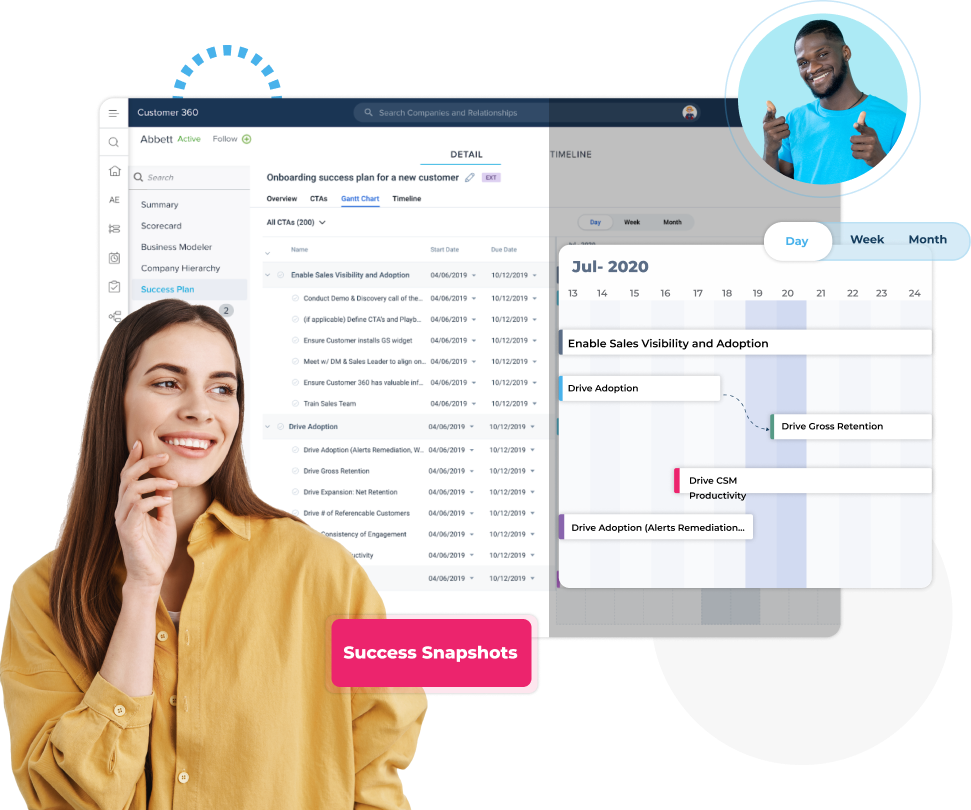 A woman smiles while looking at a screen displaying a timeline and graphs labeled "Success Snapshots." In a circular inset above, a man with glasses gestures enthusiastically, showcasing his insights into revenue optimization.