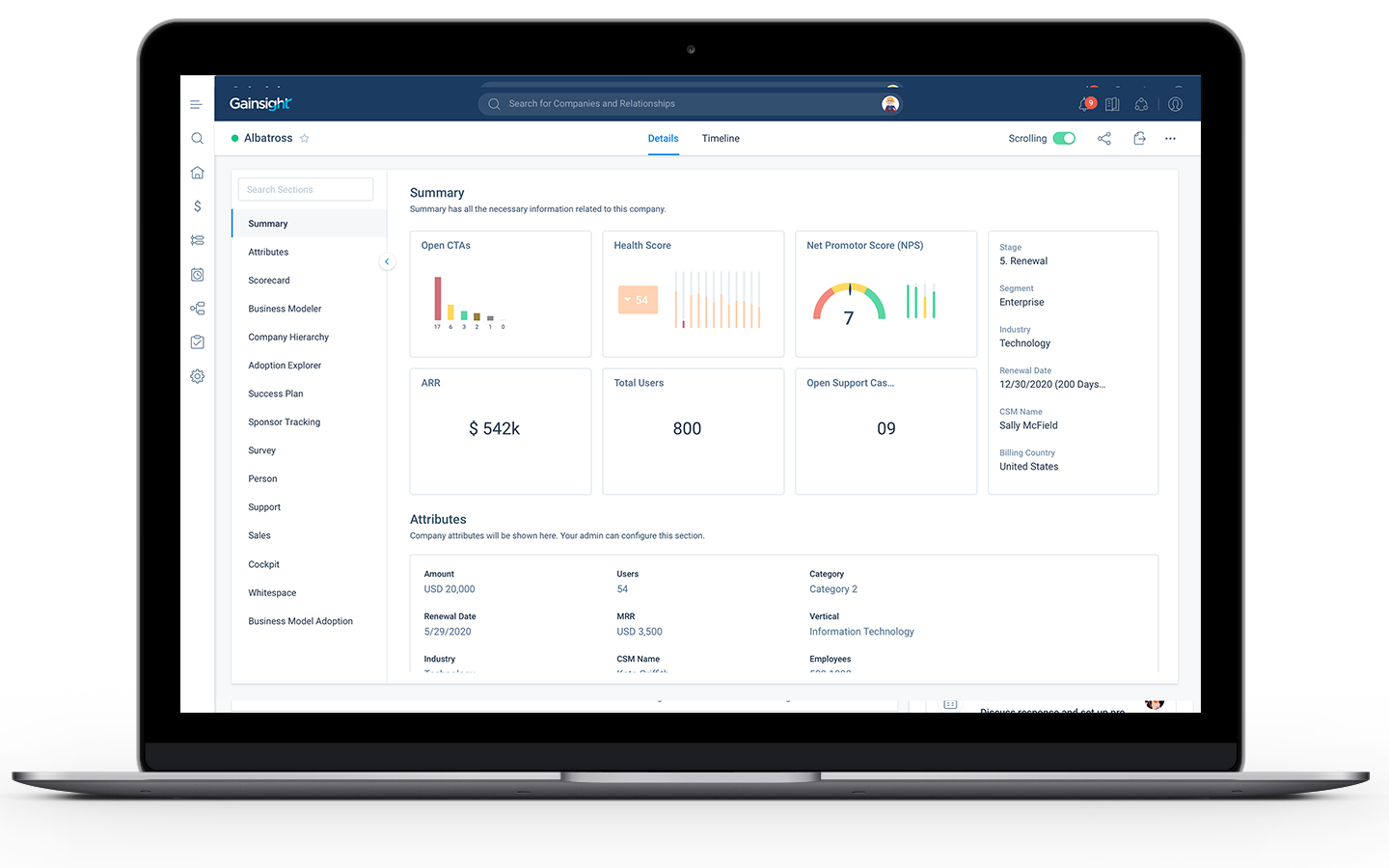 A laptop screen displays a Gainsight dashboard featuring summary statistics such as open CTAs, health score, net promoter score, and revenue. The layout, geared for customer success automation, includes various tabs and menu options on the left side.