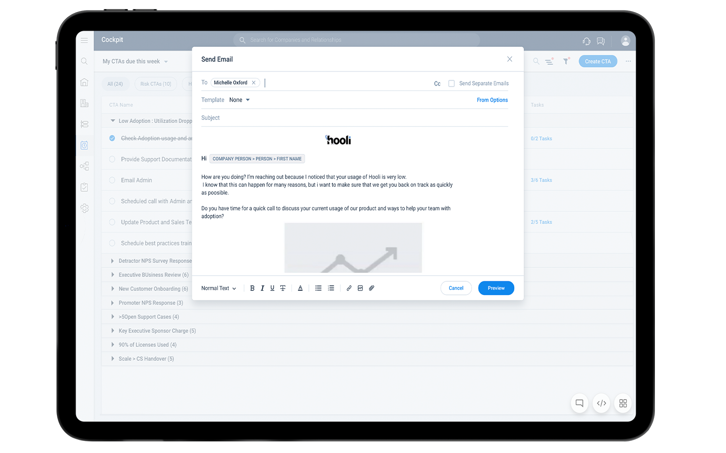 A tablet screen displays an email interface with a draft email. The body features a graph beneath the text. Surrounding the email are various menu and formatting options, offering tools for customer success automation.