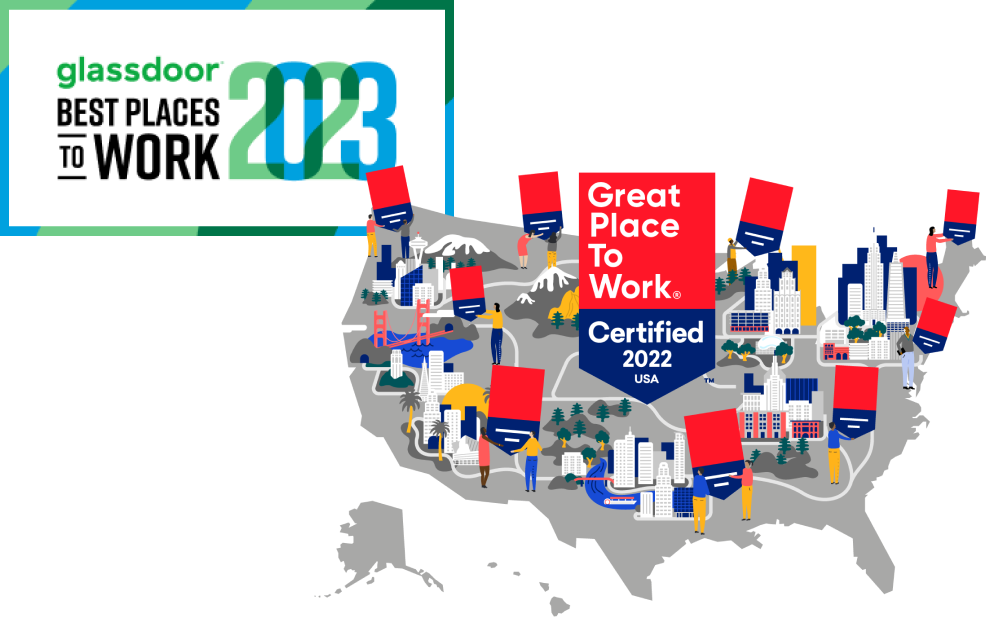 Great Place to Work Certified illustration and Glassdoor Best Places to Work 2023