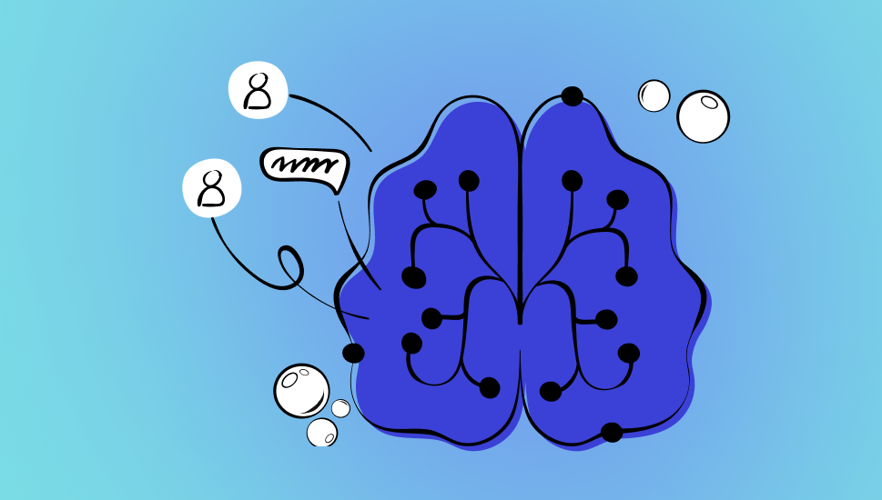 Illustration of a blue brain with black nodes and lines on a blue background. Speech bubbles and icons with people symbols surround it, suggesting communication, connectivity, and enhancing the post-sales experience through Customer Success AI.