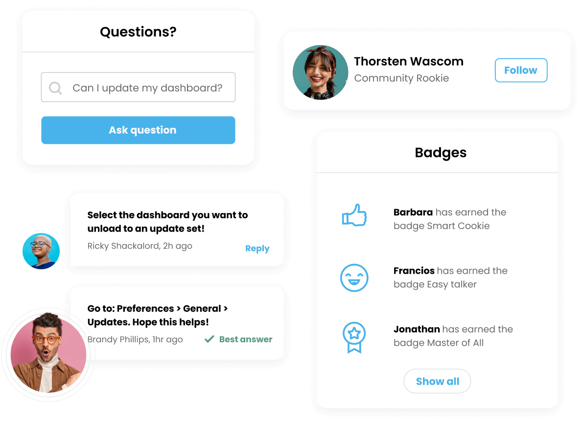 A community-centric user interface displaying a question section, a profile with a picture and online status, chat conversation snippets, and a badges section showcasing different achievements with user icons.