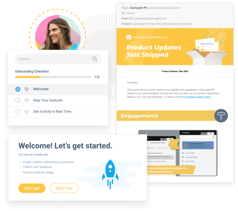 A collage featuring an onboarding checklist, a woman smiling, a product updates email in a yellow theme, a welcome message with a rocket icon, and a screenshot of a user interface showcasing highlighted product recommendations to boost product engagement.