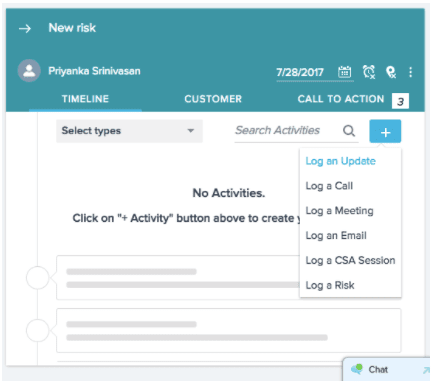 CSMs provide a summary of their risk through 'Log an Update' in the Risk CTA Timeline