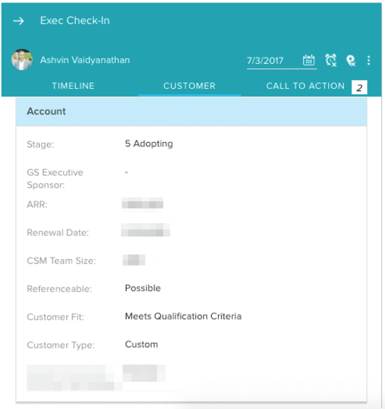 An Exec Check-In CTA is triggered to remind our VP of CS to check in with the Exec contact at a customer