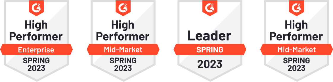 Four G2 badges labeled "High Performer Enterprise Spring 2023," "High Performer Mid-Market Spring 2023," "Leader Spring 2023," and "Leader Mid-Market Spring 2023" shine with red accents and gray shadows, showcasing our commitment to exceptional customer education.