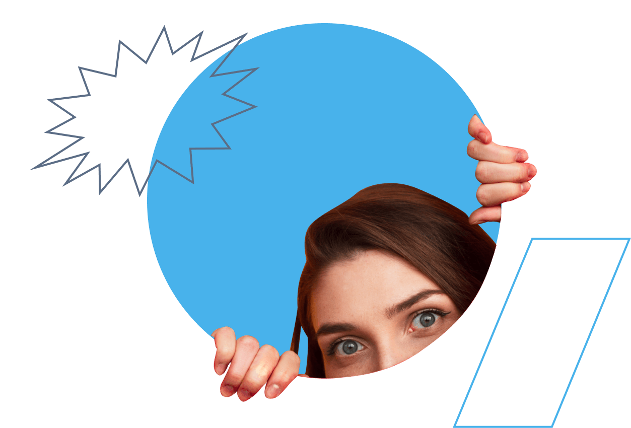 A woman peeks through a large blue circle against a black background, her eyes wide with curiosity as she clutches the edge. A graphic starburst and diagonal line design add detail, infusing the scene with a burst of energy that evokes endless resources of imagination.