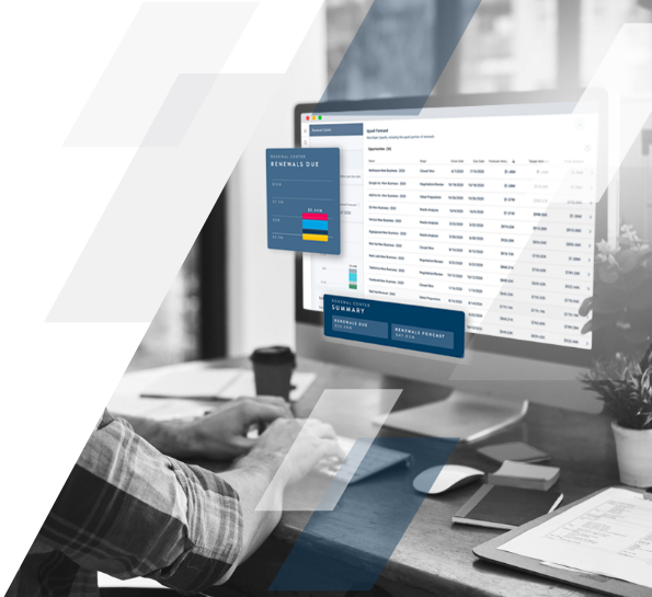 A person is working at a computer with business analytics on the screen, displaying charts and a list of renewals. The workspace, crucial for Customer Success Teams, includes a keyboard, mouse, and documents. Transparent geometric shapes overlay the image.