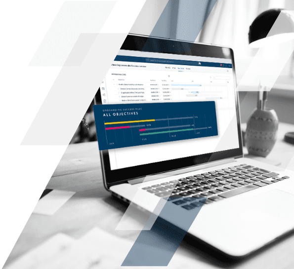 A laptop on a desk displays a graph labeled "All Objectives," showcasing data points and colored bars. The modern setting, with a lamp and documents blurred in the background, hints at innovative solutions driving customer success.