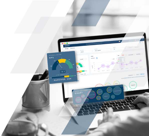 A person uses a laptop displaying analytics software with graphs and charts, providing insights for Customer Success. Inset images show detailed score charts labeled "NPS" and "CHART." A pen holder with pens sits on the desk beside the laptop, ready to brainstorm innovative solutions.