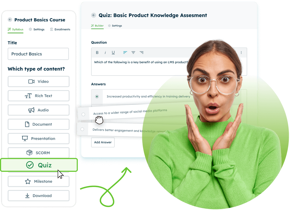 A woman with glasses looks surprised, standing in front of a screen displaying a "Product Basics Course" quiz interface. The screen highlights customer education with questions about LMS product benefits. An arrow points from her to the informative display.