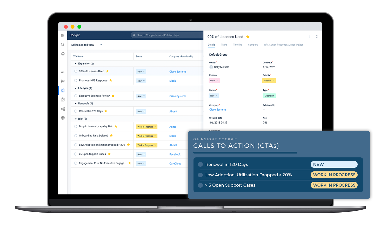 A laptop screen showcasing a software dashboard brimming with user information, tables, and alerts. A pop-up in the bottom right corner highlights "Calls to Action," featuring renewal and support case statuses—powered by customer success automation to ensure seamless operations.