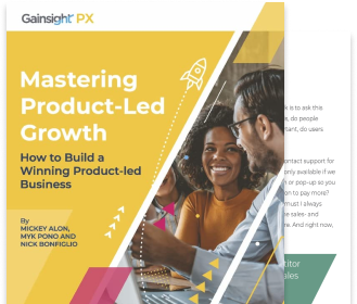 Cover of "Mastering Product-Led Growth" by Mickey Alon, Myk Pono, and Nick Bonfiglio. A diverse group is animatedly discussing strategies with one pointing at a screen showcasing a product analytics tool. The design features yellow and pink geometric elements.