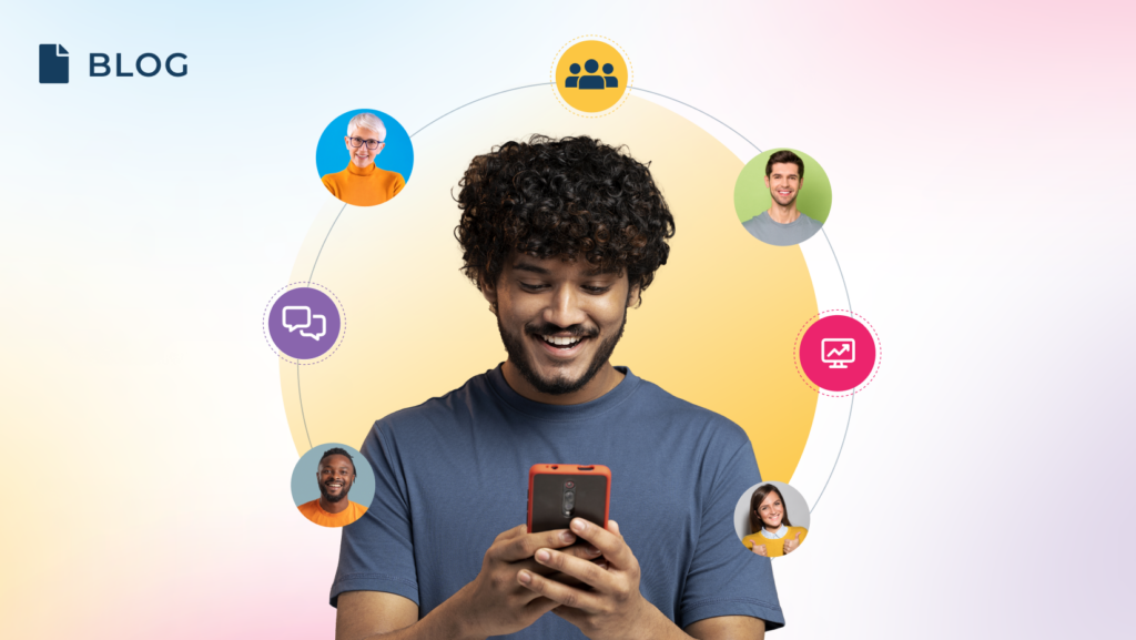 A young man is smiling and looking at his phone, surrounded by icons of people in circles representing activities like chatting, networking, and analytics. 