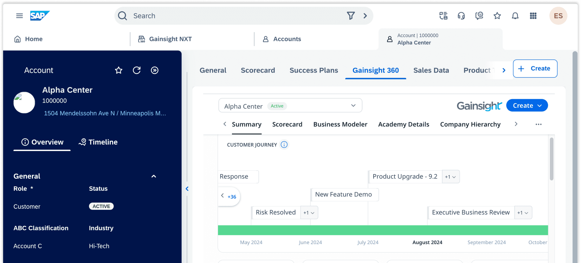 Screenshot of a Gainsight application integrated with SAP, showcasing an account dashboard with tabs for General, Scorecard, and others. The Overview section is highlighted, displaying a timeline with various customer journey stages.