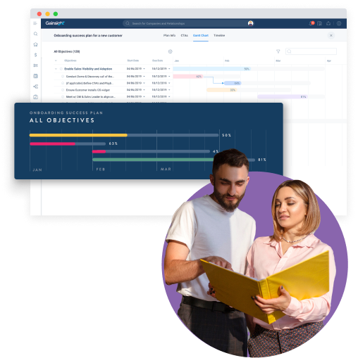 A man and woman reviewing a large yellow folder stand in front of a business analytics dashboard displaying charts and graphs about an onboarding success plan with objectives for January to March, focused on optimizing time to value.