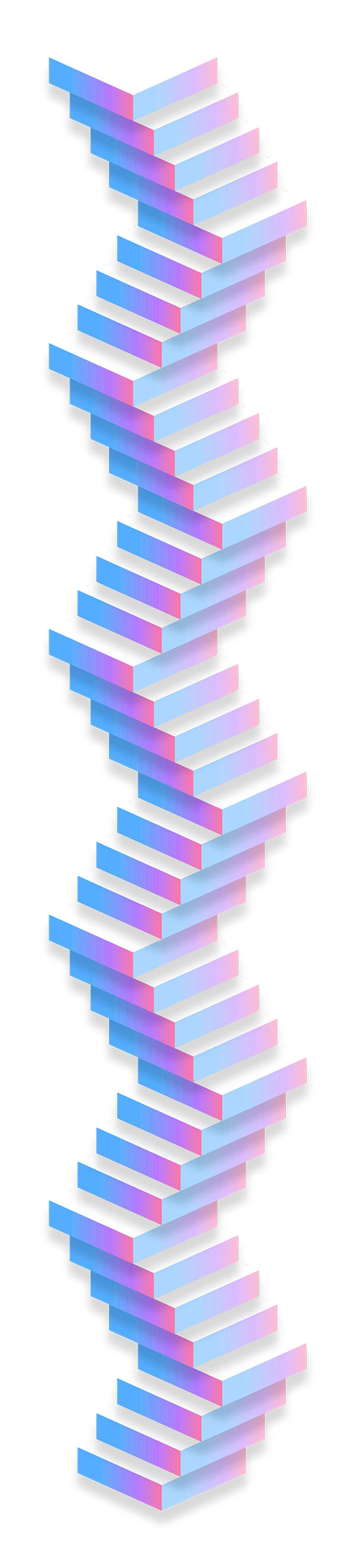 An abstract, multicolored 3D structure with layers stacked in a zigzag pattern reminiscent of stairs. The layers are primarily pink, blue, and purple, creating a gradient effect.