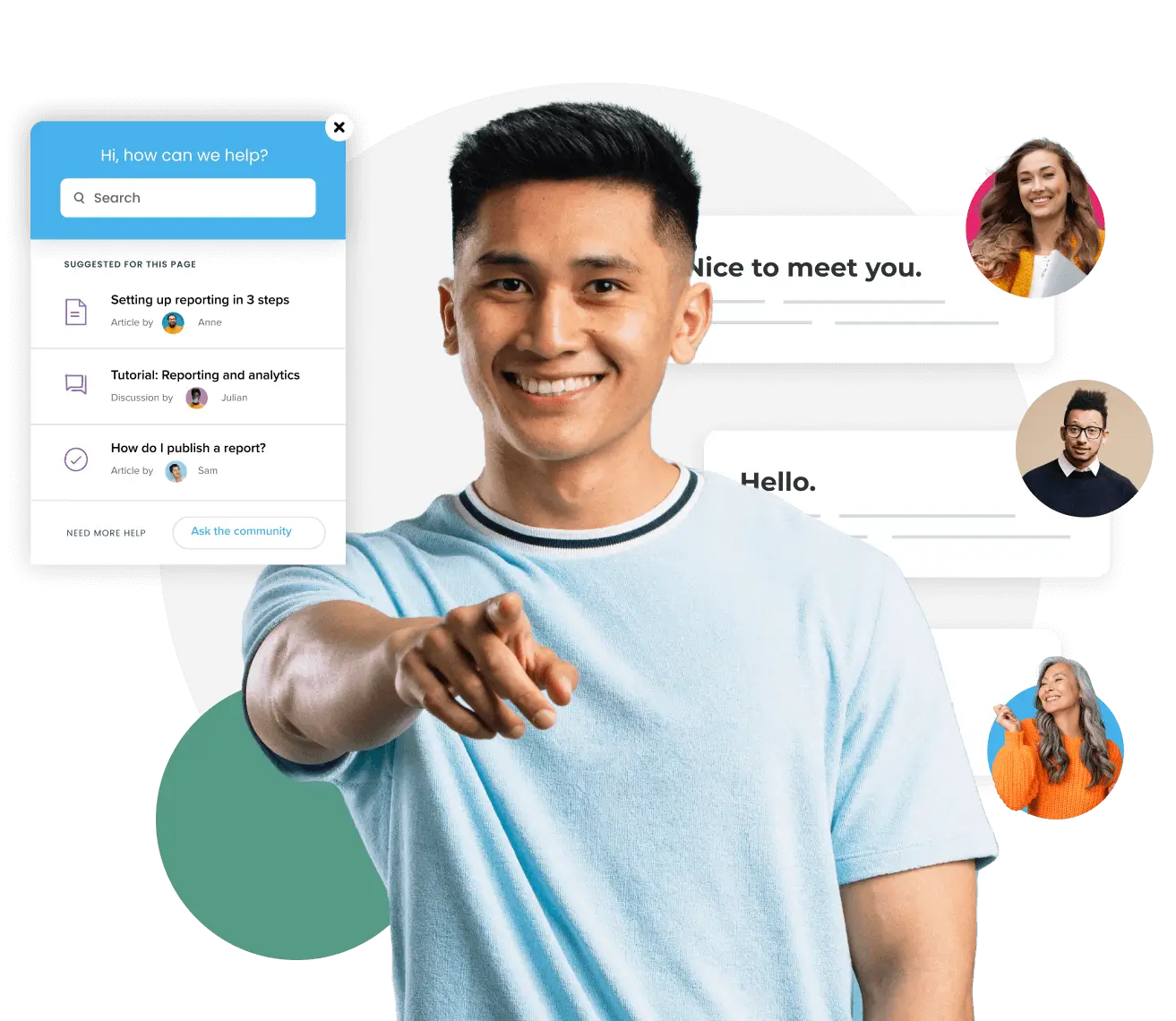 A smiling person in a light blue shirt points towards the viewer, embodying a sense of community. Behind them are images of three people with dialogue boxes saying "Nice to meet you" and "Hello." A help window on the left offers support and guidance options for all.