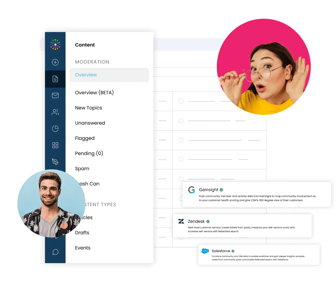 A digital dashboard with a content overview menu is displayed. On the right, two floating circles show a woman with glasses making a surprised face and a man smiling. Below, notification boxes from Gainsight, Zendesk, and Salesforce offer insights into your vibrant Community interactions.