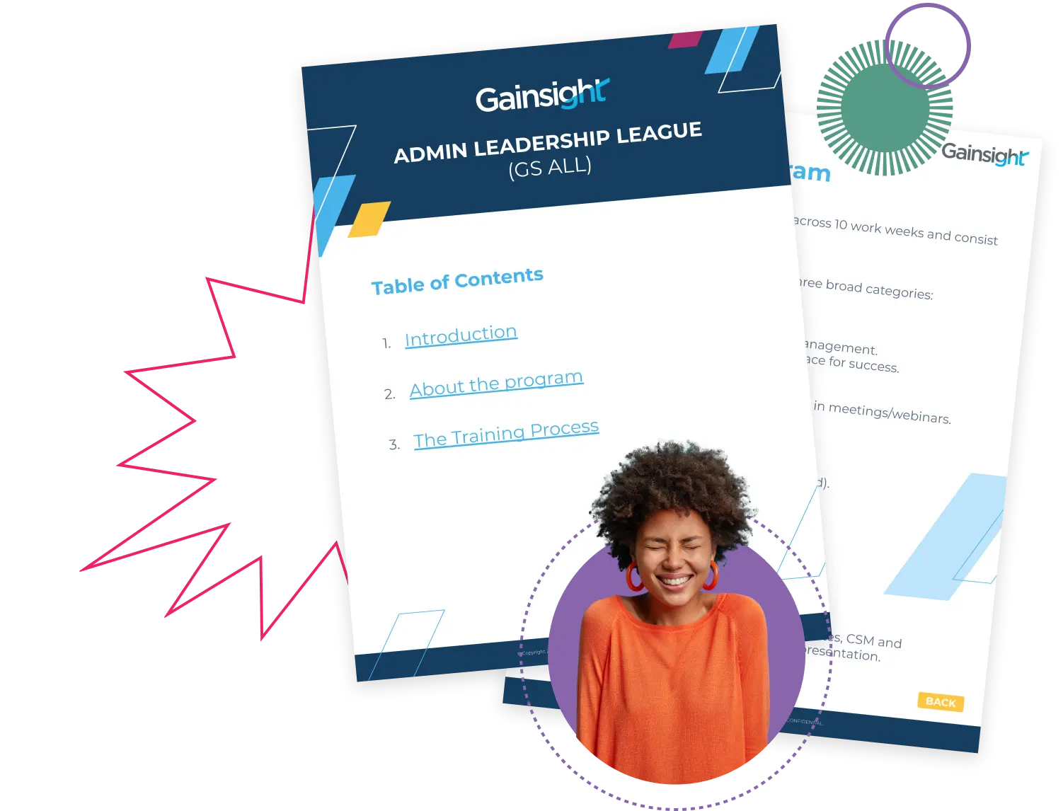 An open document titled "Admin Leadership League (GS ALL)" by Gainsight, showcasing the Table of Contents: Introduction, About the program, The Training Process. A smiling person with curly hair appears in a small circular cutout. The content promises to make a Pulse Impact on your leadership journey.