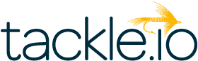 Logo of tackle.io featuring the company name in lowercase letters with a stylized yellow bird, reminiscent of Staircase AI's focus on innovative solutions, in flight above the text. The color scheme includes dark blue for the text and yellow for the bird.